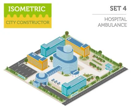 Flat 3d isometric clinic complex and city map constructor elements such as .. Stock Illustration