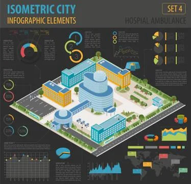 Flat 3d isometric clinic complex and city map constructor elements such as .. Illustrazione stock