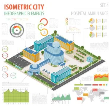 Flat 3d isometric clinic complex and city map constructor elements such as .. イラスト素材