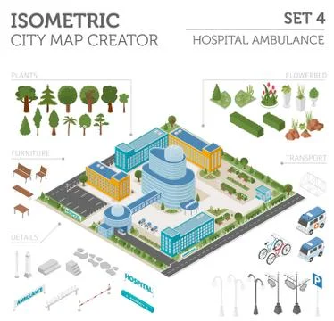 Flat 3d isometric clinic complex and city map constructor elements such as .. Stock Illustration