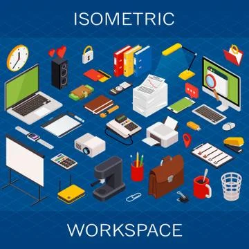 Flat 3d isometric computerized technology workspace infographic concept イラスト素材