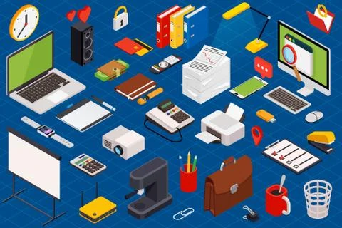 Flat 3d isometric computerized technology workspace infographic concept Stock Illustration