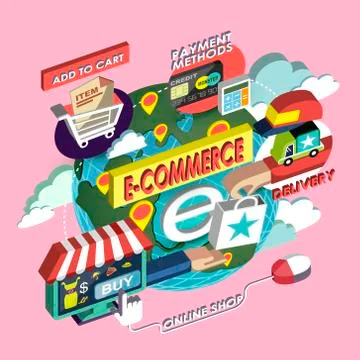 Flat 3d isometric e-commerce concept illustration Stock Illustration