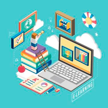 Flat 3d isometric e-learning concept illustration Stock Illustration