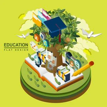 Flat 3d isometric education concept illustration over green Stock Illustration