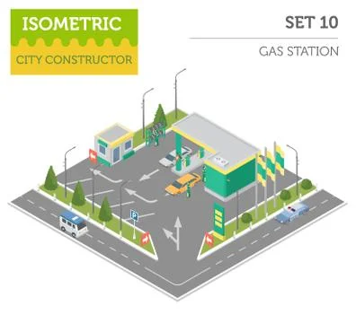 Flat 3d isometric Gas station and city map constructor elements such as bui.. Stock Illustration