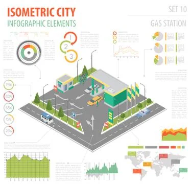 Flat 3d isometric Gas station and city map constructor elements such as bui.. Stock Illustration
