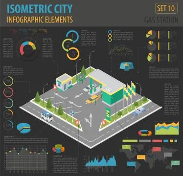 Flat 3d isometric Gas station and city map constructor elements such as bui.. イラスト素材