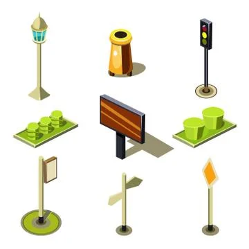 Flat 3d Isometric High Quality City Street Urban Objects Icon Set Stock Illustration