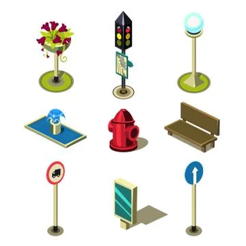 Flat 3d Isometric High Quality City Street Urban Objects Icon Set Stock Illustration