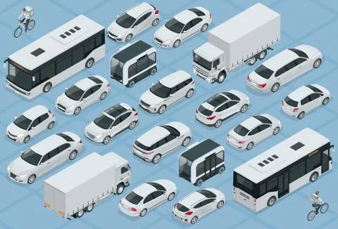 Flat 3d isometric high quality city transport car icon set. Bus, bicycle courier Stock Illustration