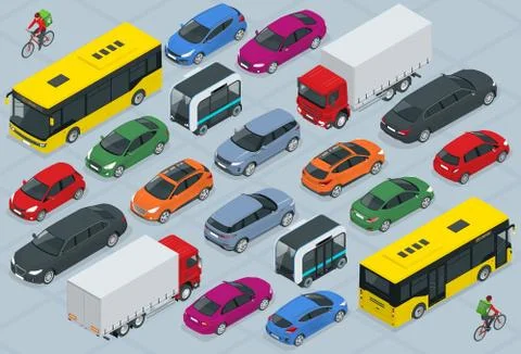Flat 3d isometric high quality city transport car icon set. Bus, bicycle courier Stock Illustration