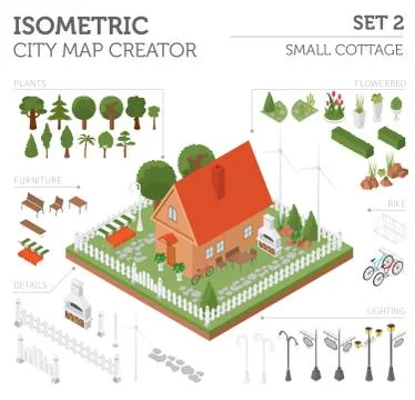 Flat 3d isometric house and city map constructor elements such as building,.. 스톡 일러스트