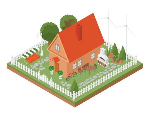 Flat 3d isometric house and city map elements such as building, bbq, garden.. Stock Illustration