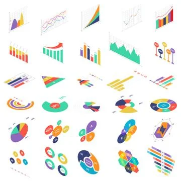 Flat 3d isometric infographic elements icons graph charts set for finance Stockillustratie