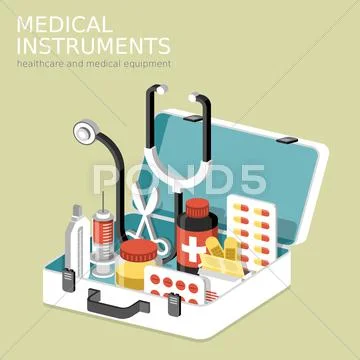 Flat 3d isometric infographic for medical instruments Stock Illustration