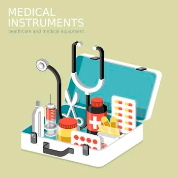 Flat 3d isometric infographic for medical instruments Stock Illustration