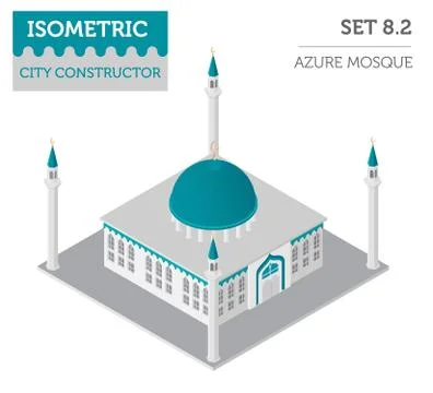 Flat 3d isometric islamic  mosque and city map constructor elements such as.. Stock Illustration