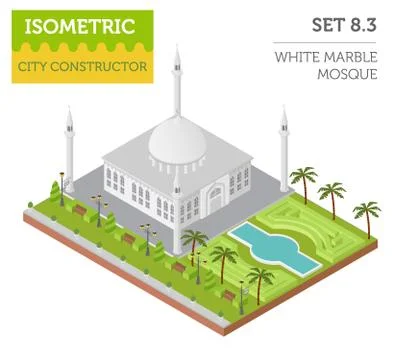 Flat 3d isometric islamic  mosque and city map constructor elements such as.. 스톡 일러스트