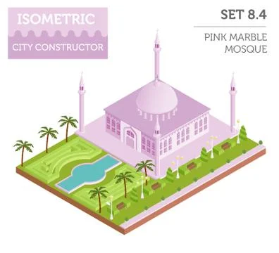 Flat 3d isometric islamic  mosque and city map constructor elements such as.. Stock Illustration