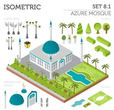 Flat 3d isometric islamic  mosque and city map constructor elements such as.. Stock Illustration