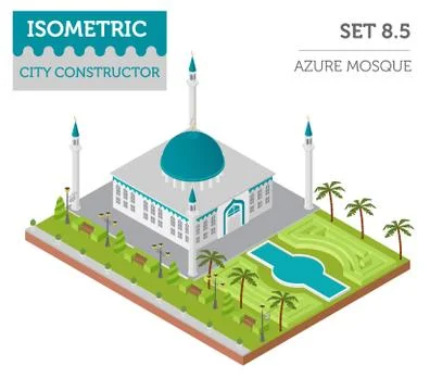 Flat 3d isometric islamic  mosque and city map constructor elements such as.. Illustrazione stock
