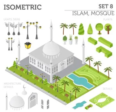 Flat 3d isometric islamic  mosque and city map constructor elements such as.. 库存插图