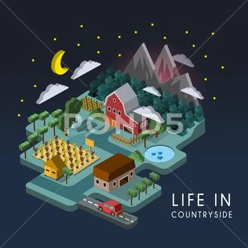 Flat 3d isometric life in countryside illustration Stock Illustration