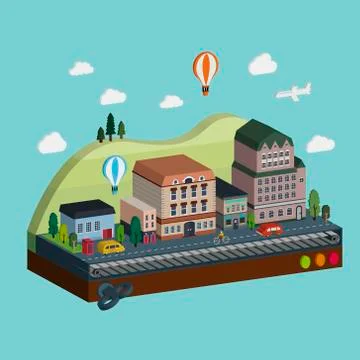 Flat 3d isometric lovely clockwork city Ilustração Stock