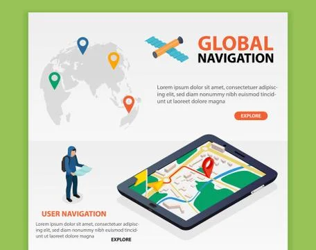 Flat 3d isometric mobile GPS navigation maps vector. World silhouette pin Stock Illustration