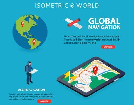 Flat 3d isometric mobile GPS navigation maps vector. World silhouette pin Stock Illustration