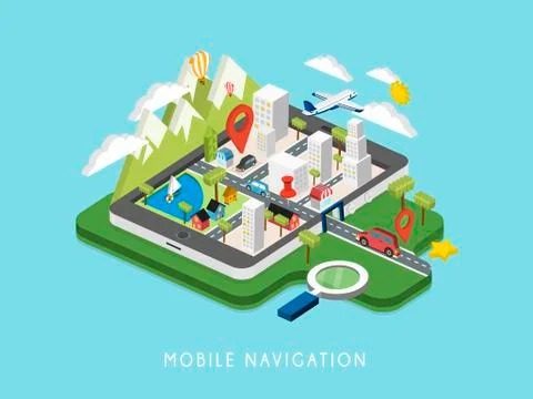 Flat 3d isometric mobile navigation illustration Stock Illustration