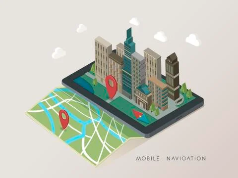 Flat 3d isometric mobile navigation illustration Stock Illustration