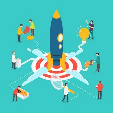 Flat 3d isometric modern startup concept with people and rocket. Stock Illustration