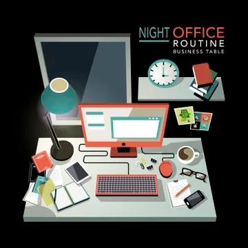 Flat 3d isometric night office routine illustration Stock Illustration