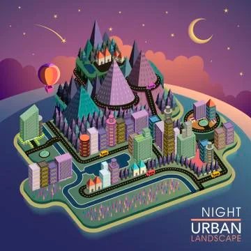 Flat 3d isometric night urban landscape illustration Stockillustratie