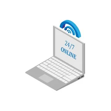 Flat 3d isometric notebook icon Wi fi, 24 hours online monitor on a white Stock Illustration