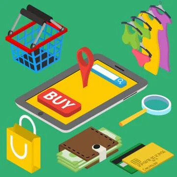 Flat 3d isometric online store e-commerce web infographic concept vector. Int Illustrazione stock