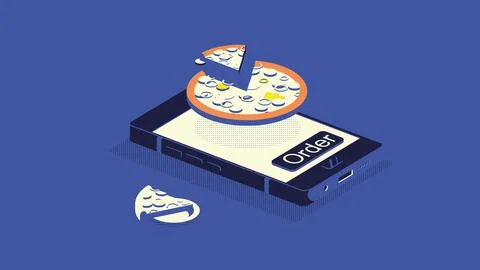 Flat 3d isometric pizza delivery infographic concept illustration. Smartphone Stock Illustration