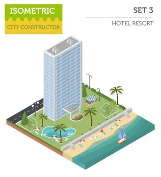 Flat 3d isometric resort hotel  and city map constructor elements such as b.. Stock Illustration