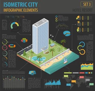 Flat 3d isometric resort hotel  and city map constructor elements such as b.. Stock Illustration