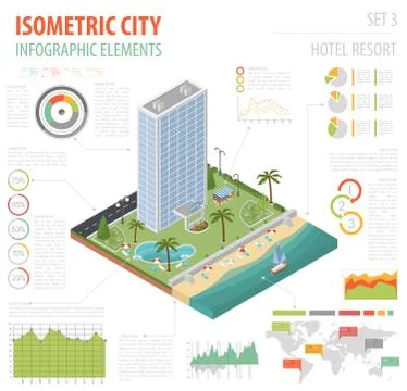 Flat 3d isometric resort hotel  and city map constructor elements such as b.. Stock Illustration