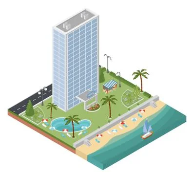 Flat 3d isometric resort hotel  and city map constructor elements such as b.. Stock Illustration