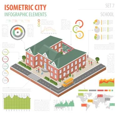 Flat 3d isometric school and city map constructor elements such as building.. Illustrazione stock