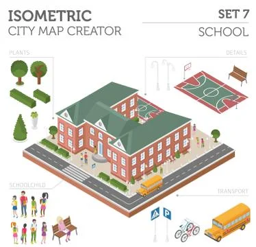 Flat 3d isometric school and city map constructor elements such as building.. Stock Illustration
