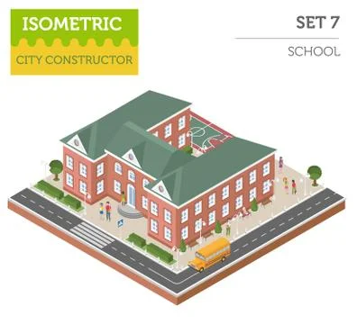 Flat 3d isometric school and city map constructor elements such as building.. Stock Illustration