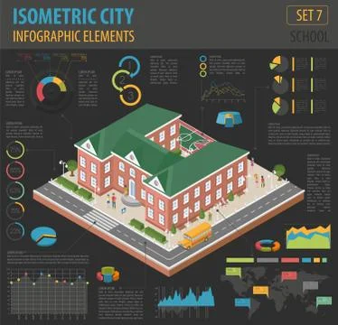 Flat 3d isometric school and city map constructor elements such as building.. イラスト素材