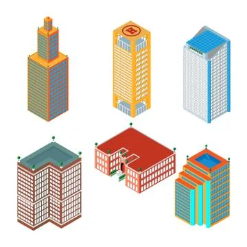 Flat 3d isometric set of colored skyscrapers, buildings, school.  Isolated on Stock Illustration