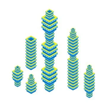 Flat 3d isometric set of skyscraper. business center. Isolated on white Stock Illustration