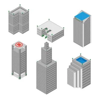 Flat 3d isometric set of  skyscrapers, buildings, school.  Isolated on white Stock Illustration